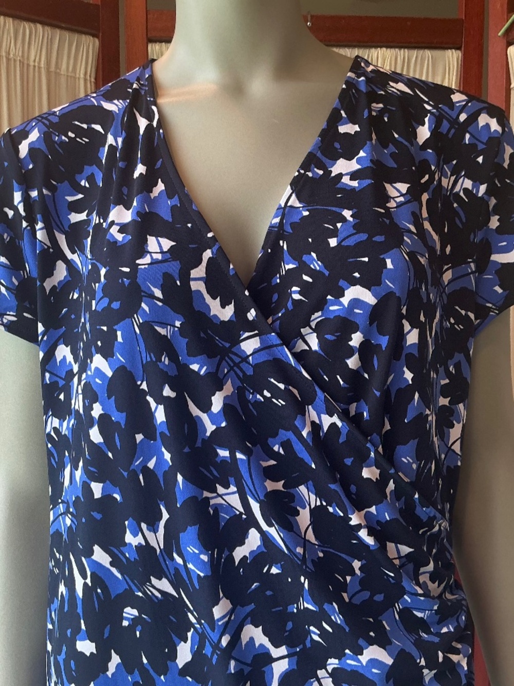 NWT Jones New York Signature Faux Wrap Dress Cap Sleeves Blue Black Size XL